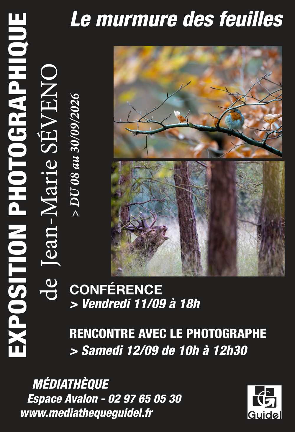 L'affiche est dominée par un fond noir. Sur le côté gauche, en lettres blanches verticales, on lit "EXPOSITION PHOTOGRAPHIQUE de Jean-Marie SÉVENO" suivi de dates "> DU 08 au 30/09/2026". En haut à droite, le titre "Le murmure des feuilles" est écrit en blanc. Deux photographies sont situées sur la partie supérieure droite de l'affiche. La première montre un petit oiseau, vraisemblablement un rouge-gorge, perché sur une branche aux feuilles jaunies et orangées, évoquant l'automne. On peut distinguer des détails fins sur les plumes de l'oiseau et la texture des feuilles. La seconde photographie présente un cerf élaphe, avec de majestueuses bois, le gueule ouverte, au milieu d'une forêt aux troncs d'arbres serrés. L'atmosphère de cette image est plus sauvage et puissante. Les couleurs dans cette photo sont plus sombres, avec des verts et des bruns dominants, filtrés par la lumière de la forêt. En dessous des photographies, le texte annonce les événements liés à l'exposition : une "CONFÉRENCE" le "Vendredi 11/09 à 18h" et une "RENCONTRE AVEC LE PHOTOGRAPHE" le "Samedi 12/09 de 10h à 12h30". Plus bas, on trouve les informations pratiques de la "MÉDIATHÈQUE", avec son nom "Espace Avalon", un numéro de téléphone "02 97 65 05 30" et une adresse de site web "www.mediathequeguidel.fr". Enfin, en bas à droite, le logo "Guidel" est présent. 